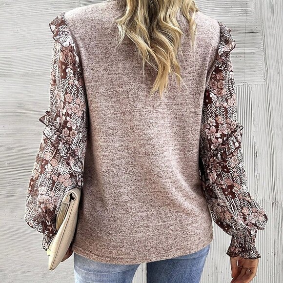 Coffee Brown Casual Women's Crew Neck Floral Blouse - Picture 2 of 7